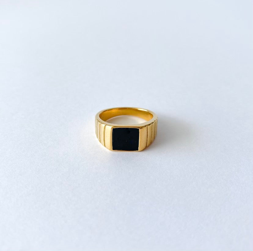 Black Onyx Ring - 18K Gold Plated on Stainless Steel with Black Onyx Gemstone on a signet bezel.